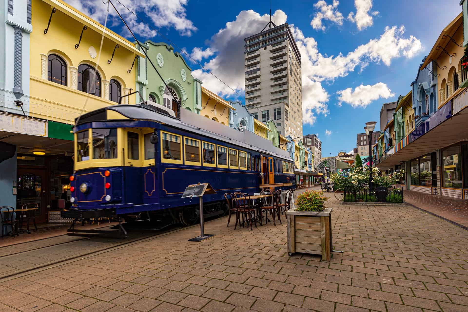 New Zealand, South Island. Christchurch, Canterbury Region. Tram at New Regent Street