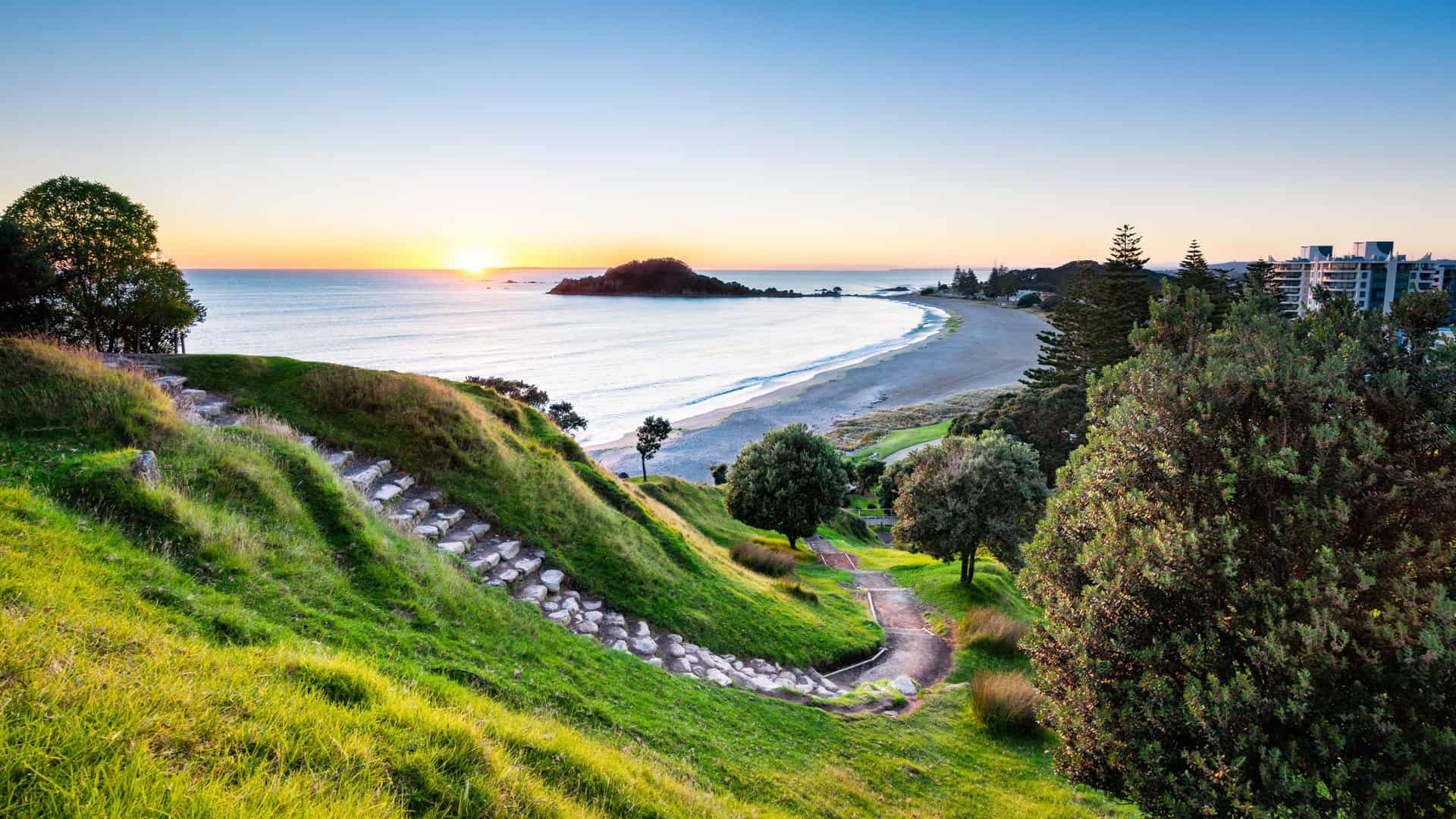 Sunrise at summit track on Mount Maunganui, Tauranga, New Zealand